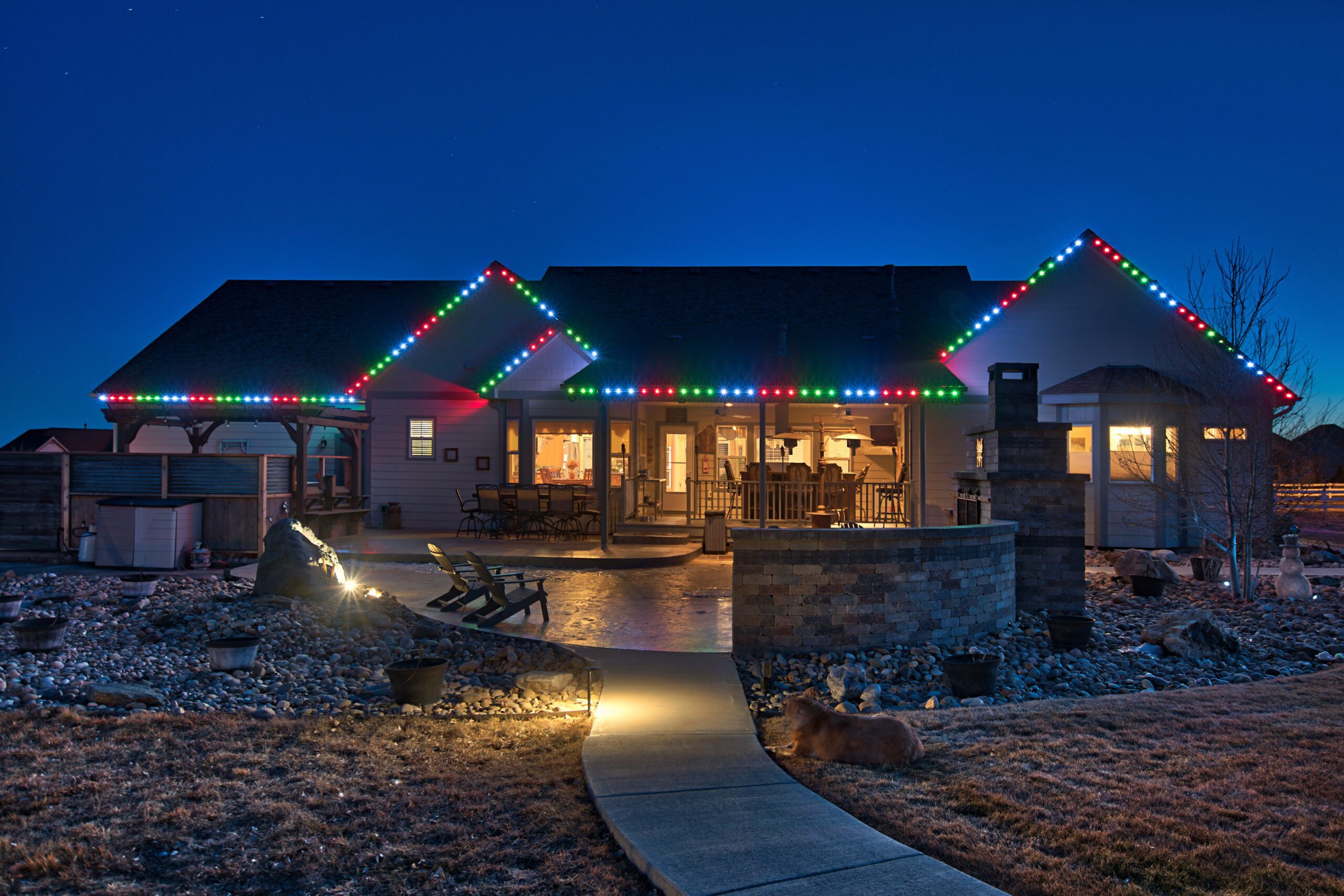 Ranch style home with permanent Christmas lights