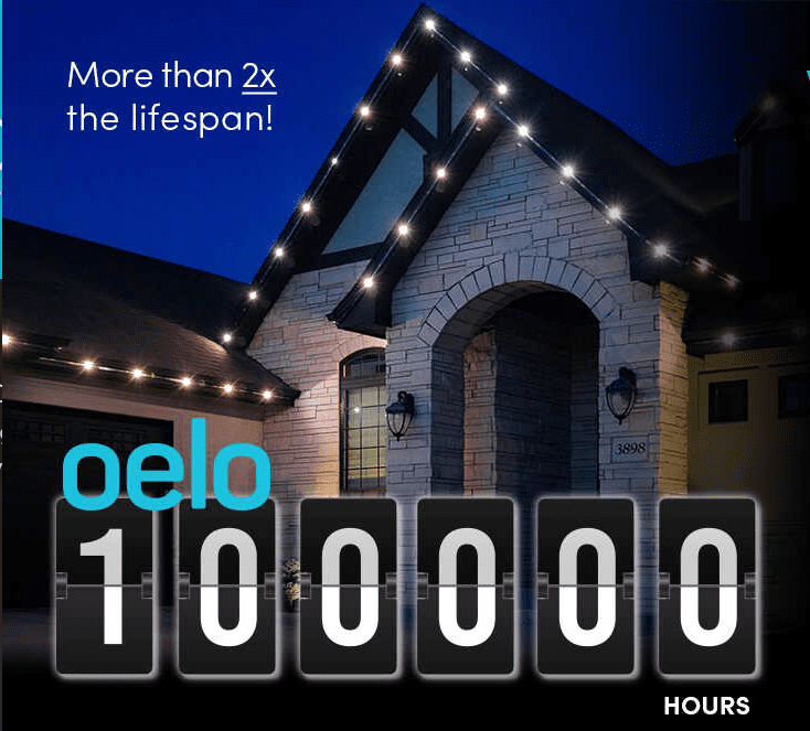 Exterior of a home at night, illuminated with Oelo permanent trim lighting, showcasing a counter displaying 1,000,000 hours lifespan