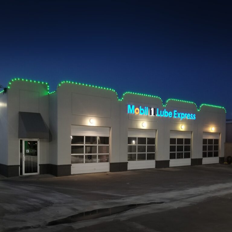 Mobile 1 Lube Express building with green LED trim lighting