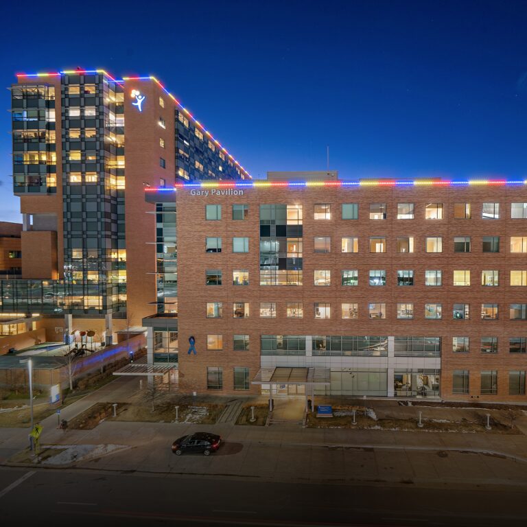 Hospital decorated with yellow, red, and blue LED lighting