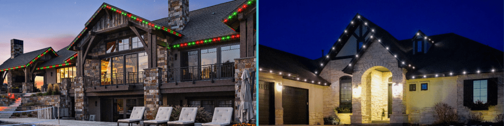 Split image of one home with red and green Christmas lighting and the other with warm white accent lighting