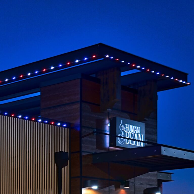 Human Bean coffee shop with red white and blue LED trim lighting