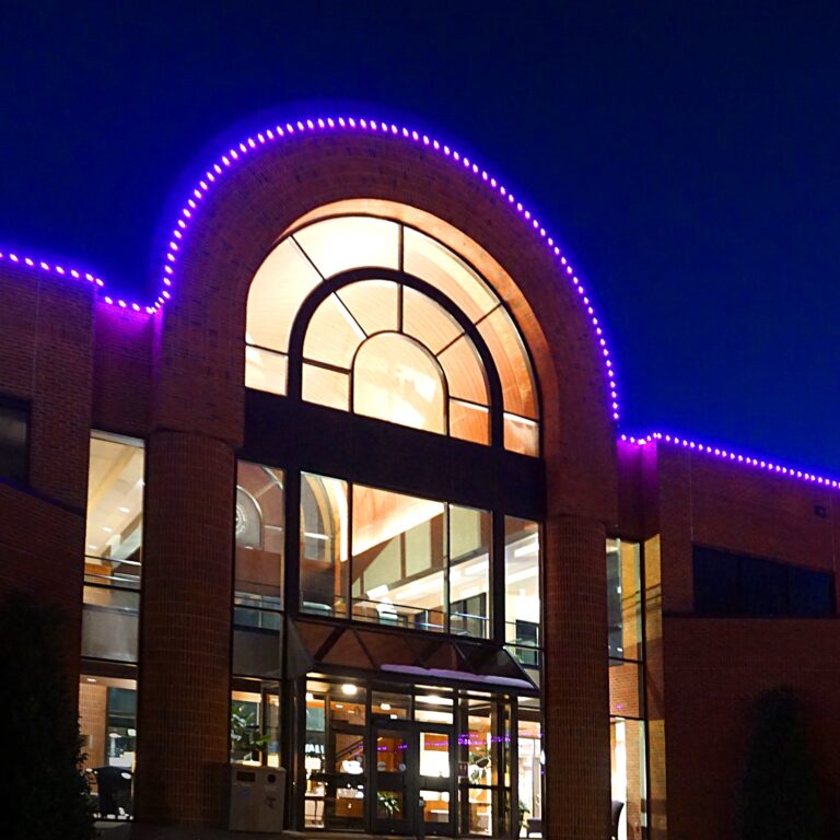 Tarleton University with purple LED lighting