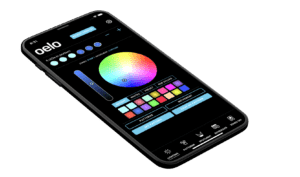 Screenshot of the Oelo mobile app interface showing the color and pattern customization screen. It features a large color wheel for selecting colors, sliders for brightness and zone control, and a selection of preset colors and patterns below.