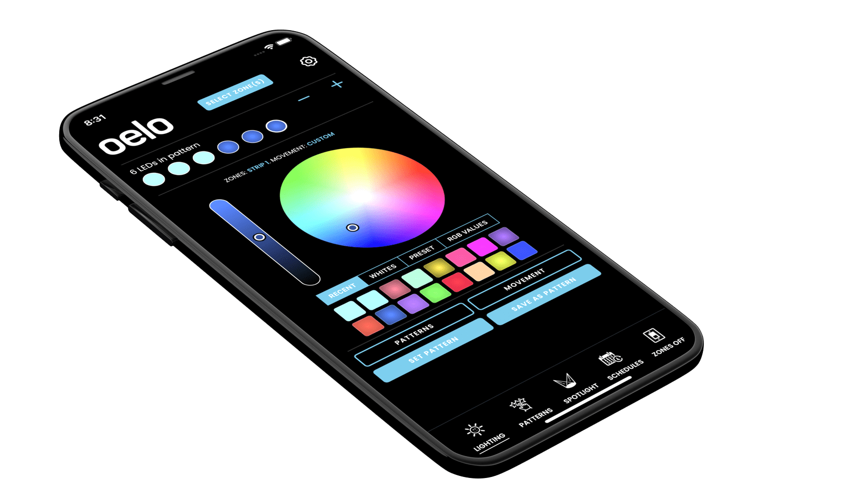 Screenshot of the Oelo mobile app interface showing the color and pattern customization screen. It features a large color wheel for selecting colors, sliders for brightness and zone control, and a selection of preset colors and patterns below.