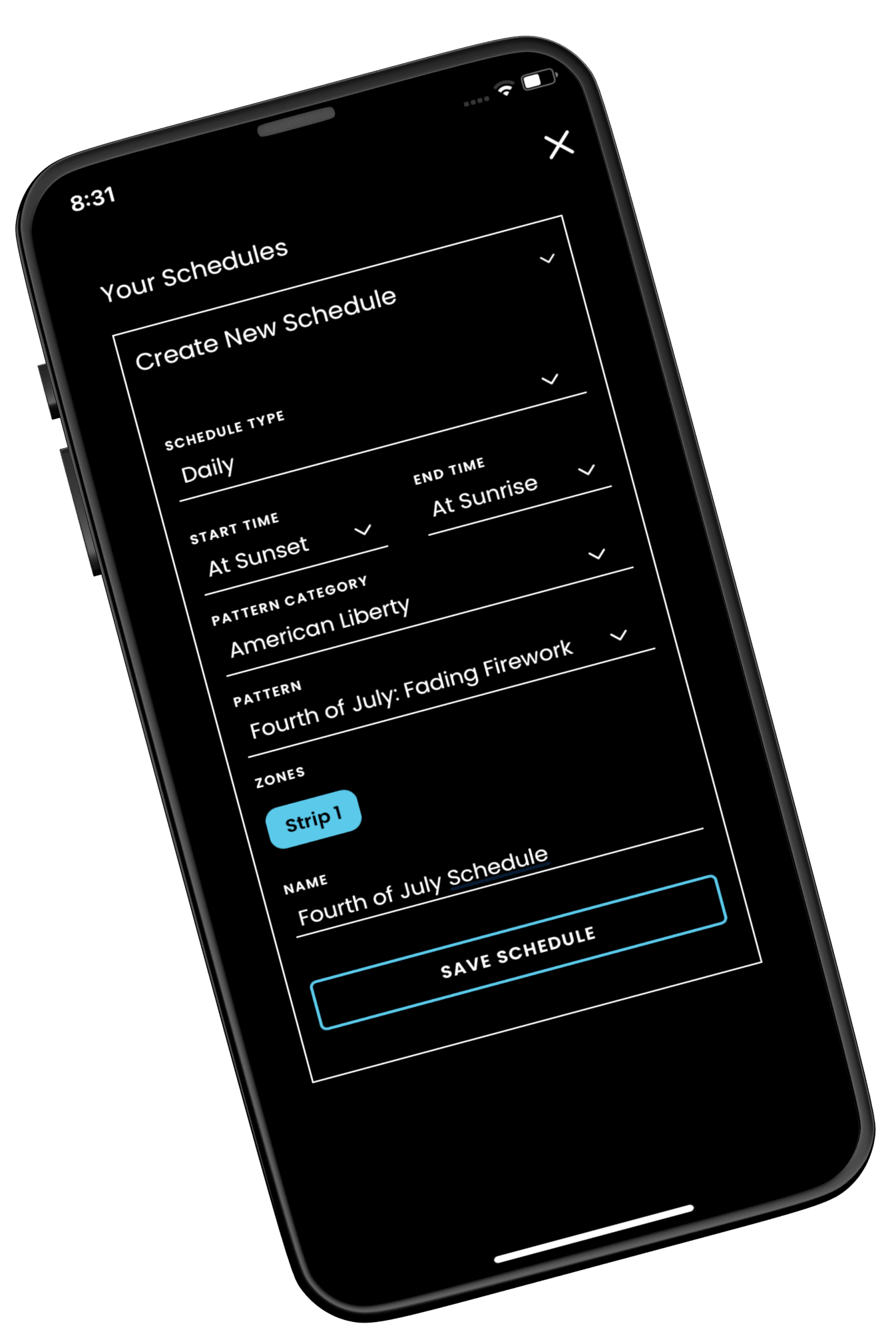 This mobile app screen allows users to create and save lighting schedules, with options for time, pattern, and zones.