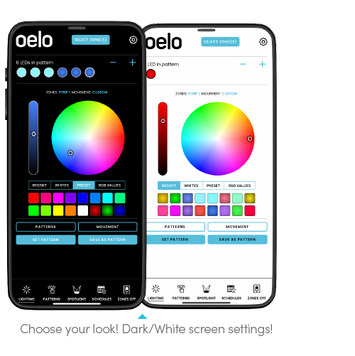 Side-by-side comparison of the Oelo mobile app interface in dark and light mode settings. Both screens display customization options for outdoor lighting with sliders for brightness, a color wheel for color selection, presets, and various pattern and movement modes.