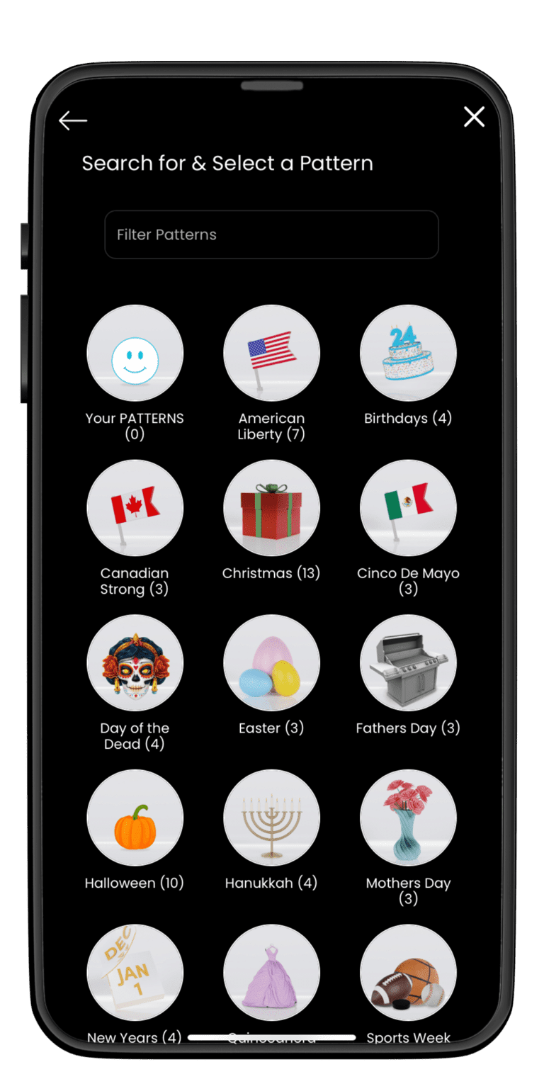 Screenshot of Oelo mobile app screen titled 'Search for & Select a Pattern' featuring a variety of lighting patterns categorized by themes such as holidays and events. Icons include flags, holiday symbols, and other themed images representing American Liberty, Christmas, Halloween, and sports