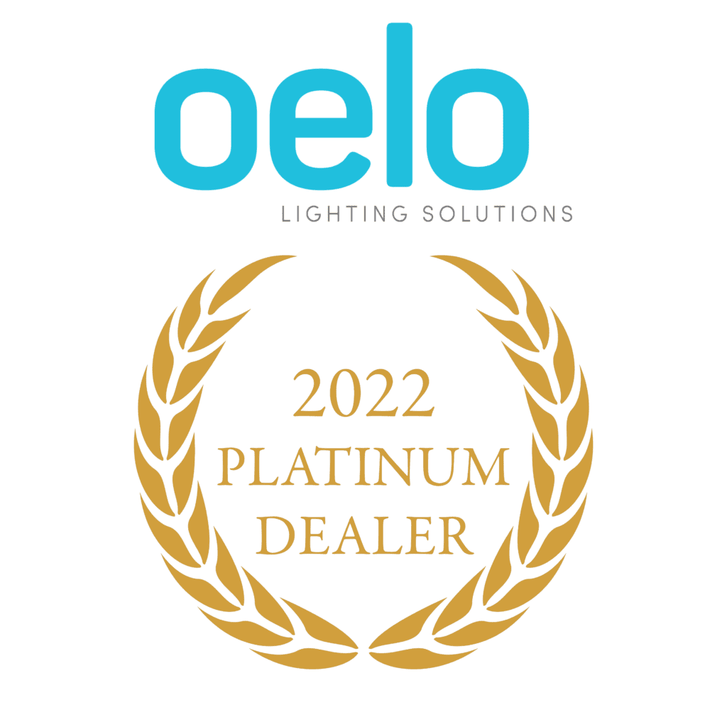 Oelo Lighting Solutions 2022 Platinum Dealer Award with a blue logo and gold laurel wreath.