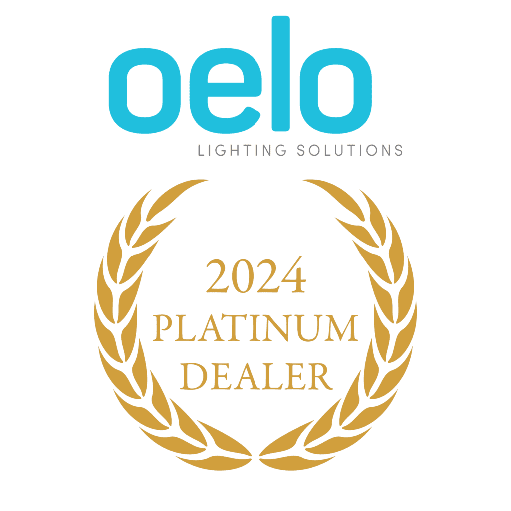 Oelo Lighting Solutions 2024 Platinum Dealer Award with a blue logo and gold laurel wreath.