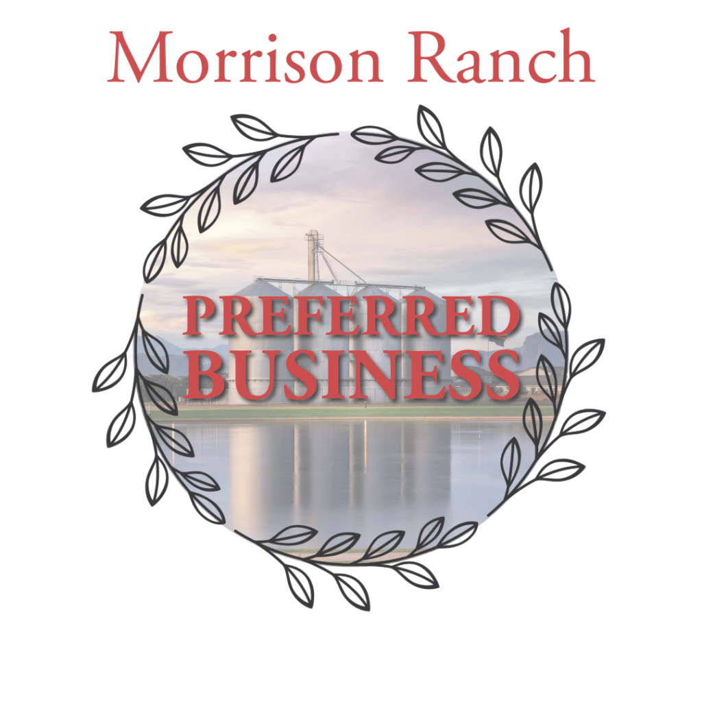 Morrison Ranch Preferred Business logo with a scenic background and decorative leaf border.