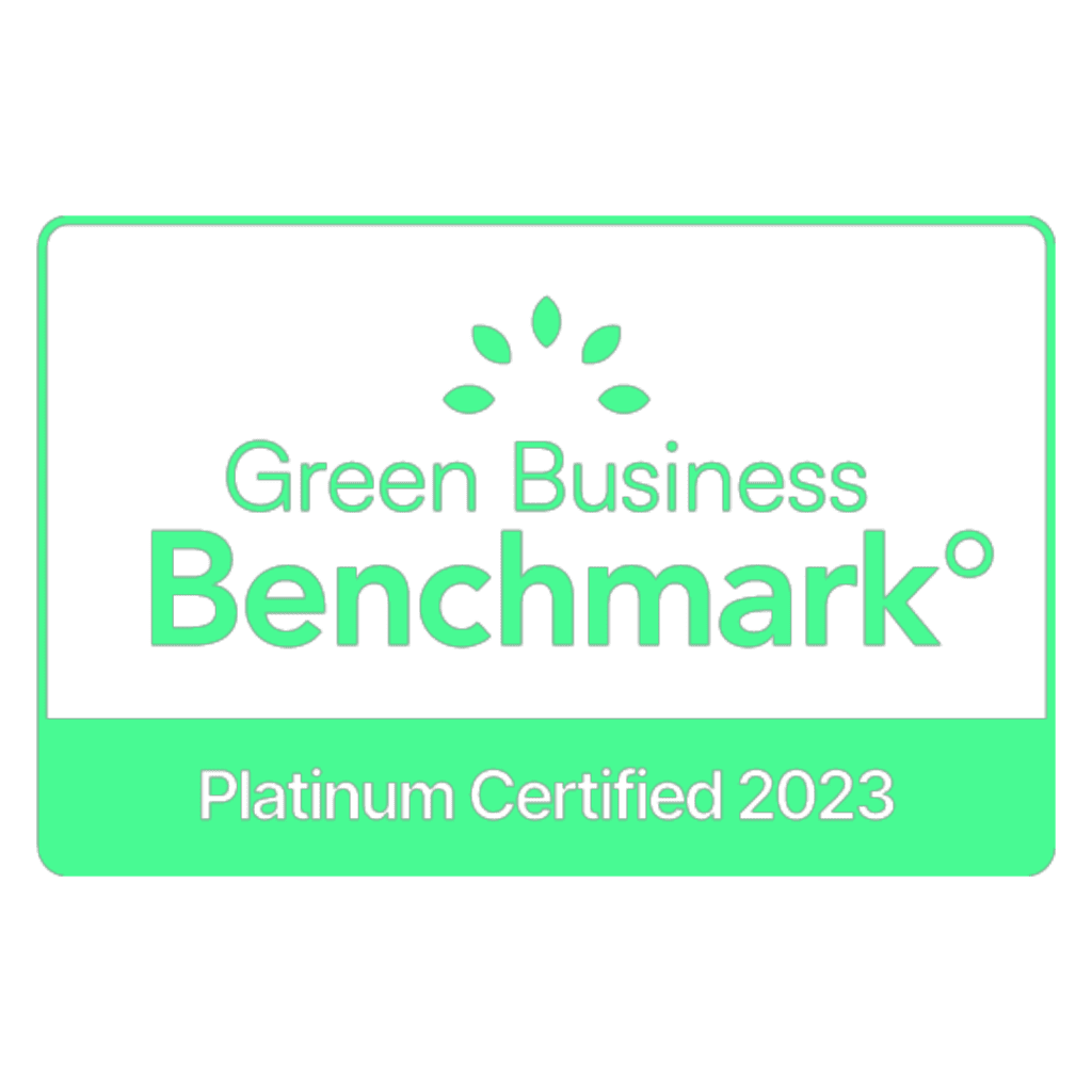 Green Business Benchmark Platinum Certified 2023 logo with a sunburst icon.