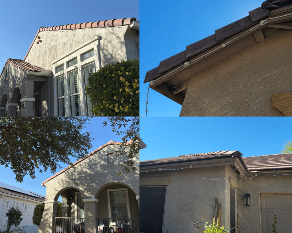 Govee style permanent outdoor lighting on Phoenix Arizona home showing failed adhesive clips and sagging wires along roofline