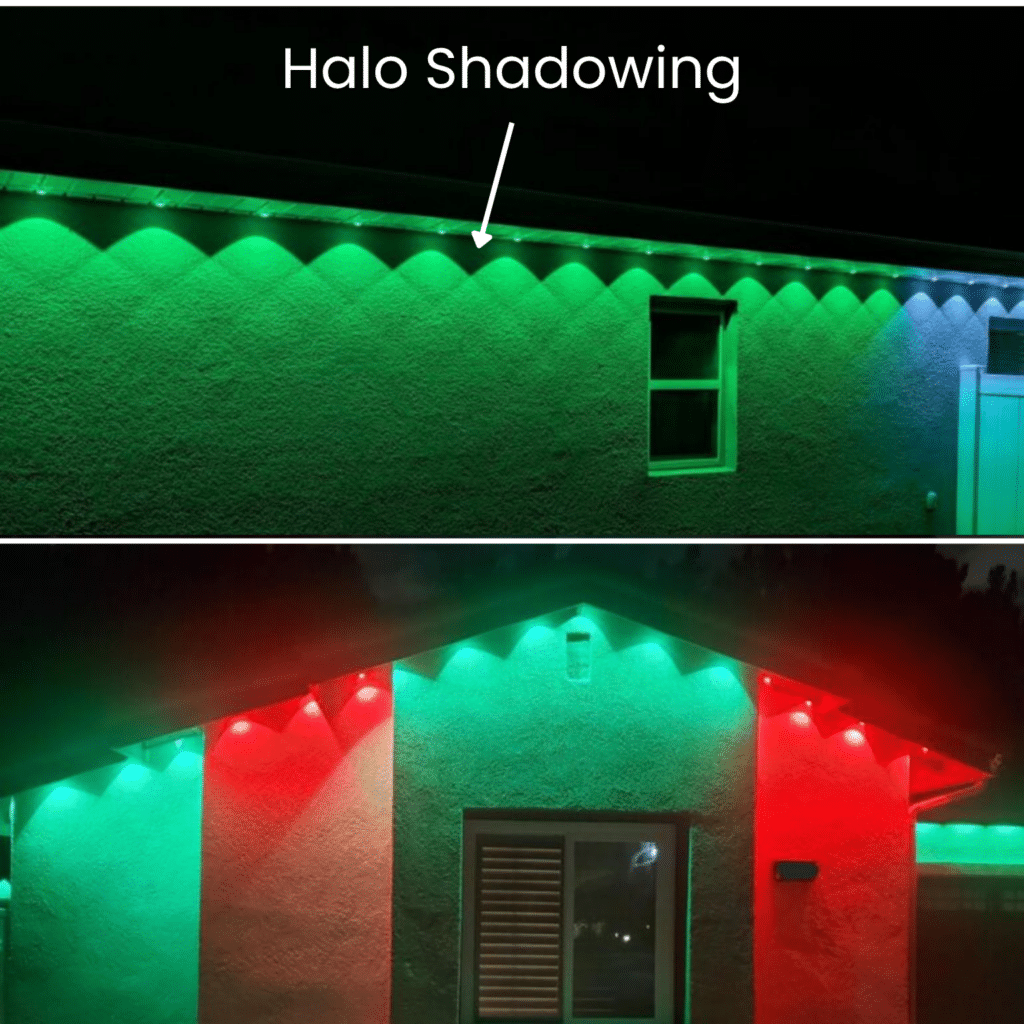 Govee permanent lighting on Phoenix Arizona home showing halo shadow effect and uneven light patterns on exterior wall